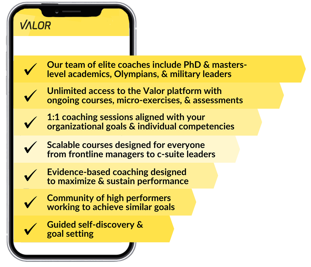 Our team of elite coaches include PhD and masters level academics, Olympians and military leaders Unlimited access to the Valor platform with ongoing courses, micro-exercises, and assessments 1:1 coaching sessions aligned with your organizational goals and individual competencies Scalable courses designed for everyone from frontline managers to c-suite leaders Evidence-based coaching designed to maximize and sustain performance Community of high performers working to achieve similar goals Guided self-discovery and goal setting